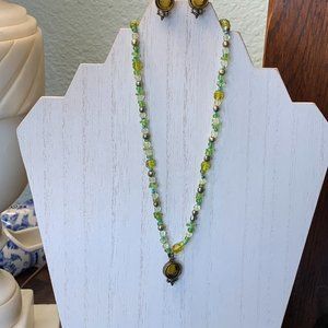 Extasia amber German glass intaglio beaded necklace and earrings